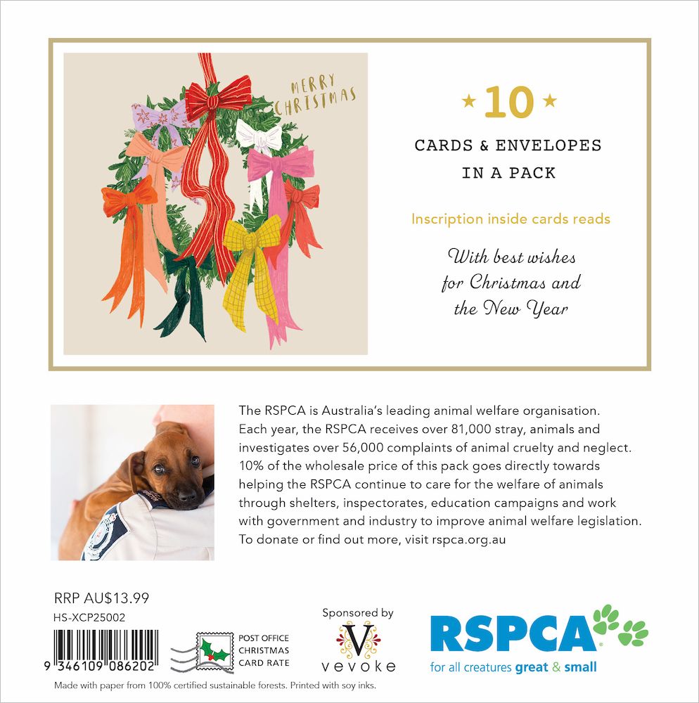 CHARITY CHRISTMAS CARD PACK RSPCA - WREATH OF RIBBONS