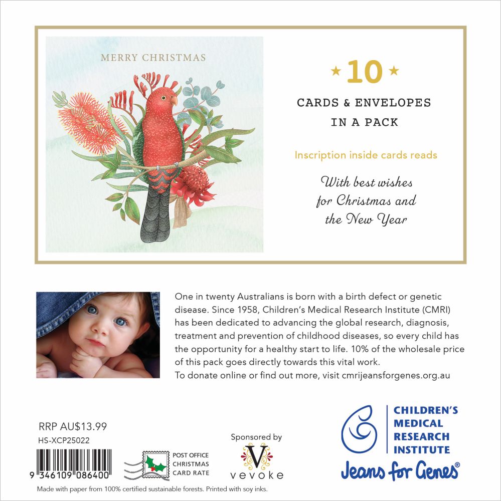 CHARITY CHRISTMAS CARD PACK CMRI - FLORAL KING PARROT