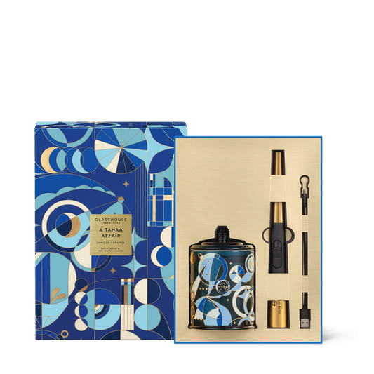 GLASSHOUSE CANDLE & CARE SET - A TAHAA AFFAIR & USB LIGHTER