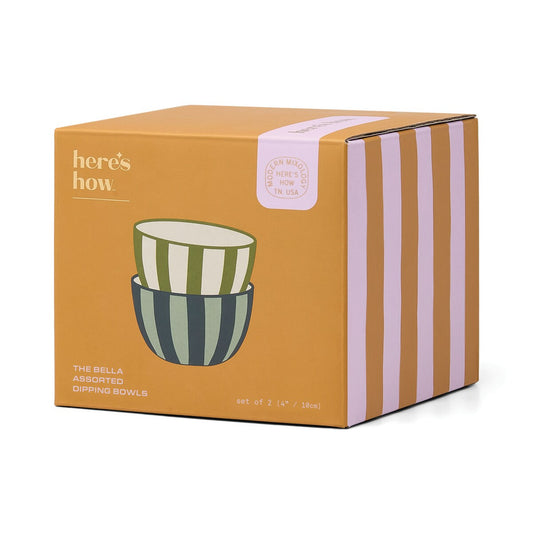 HERE'S HOW BELLA SET 2 DIPPING BOWLS - GREEN & BLUE STRIPE