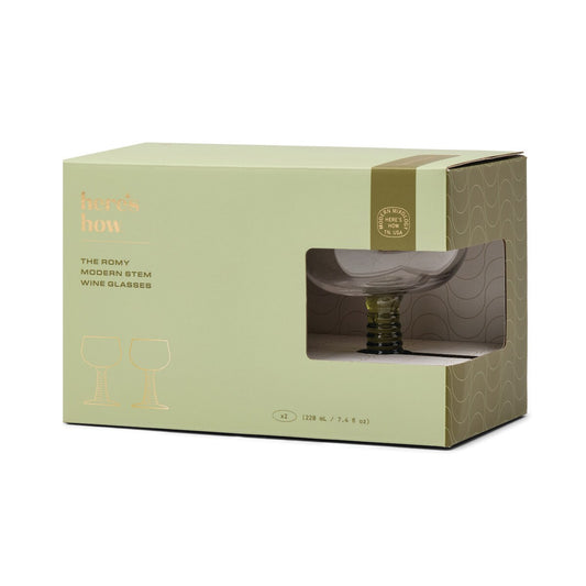 HERE'S HOW THE ROMY WINE GLASSES SET 2 OLIVE