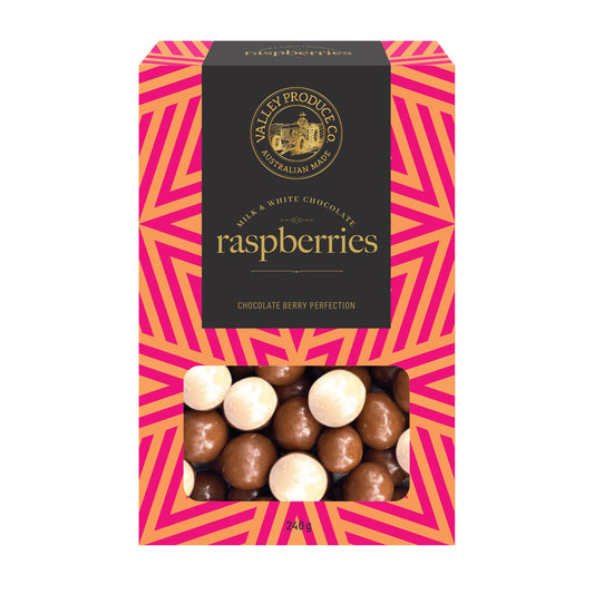 VALLEY PRODUCE MILK & WHITE CHOCOLATE RASPBERRIES 